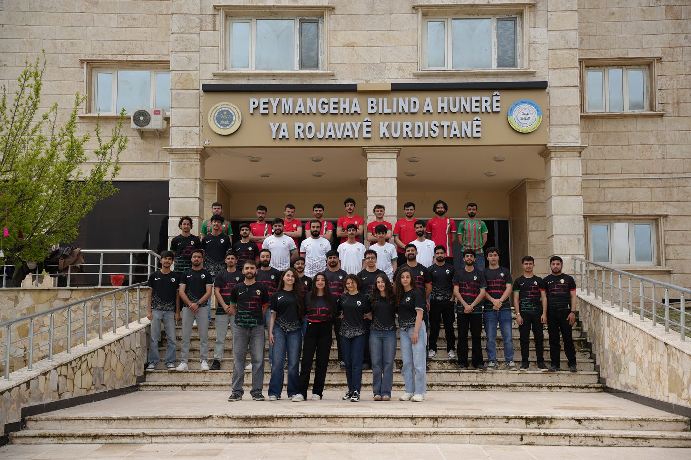 Students gathered in front of the college